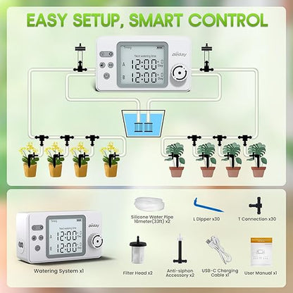 Automatic Watering System Dual Pump for Indoor Plants, Built-in Rechargeable Battery, Two Independent Water Zones, Worry-Free Vacation Drip Irrigation Kit, Water-Saving Smart Plant Waterer, White