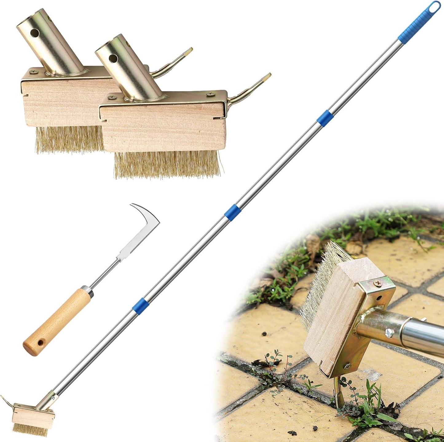 Moss Remover Brush Crack Weeder Tool Stainless Steel Crevice Weeder with 2 Brush Heads - Long Handle Weed Puller for Deck, Patio, Walkway, Driveway Crevice Cleaning Tool (Moss Remover Tool-2)