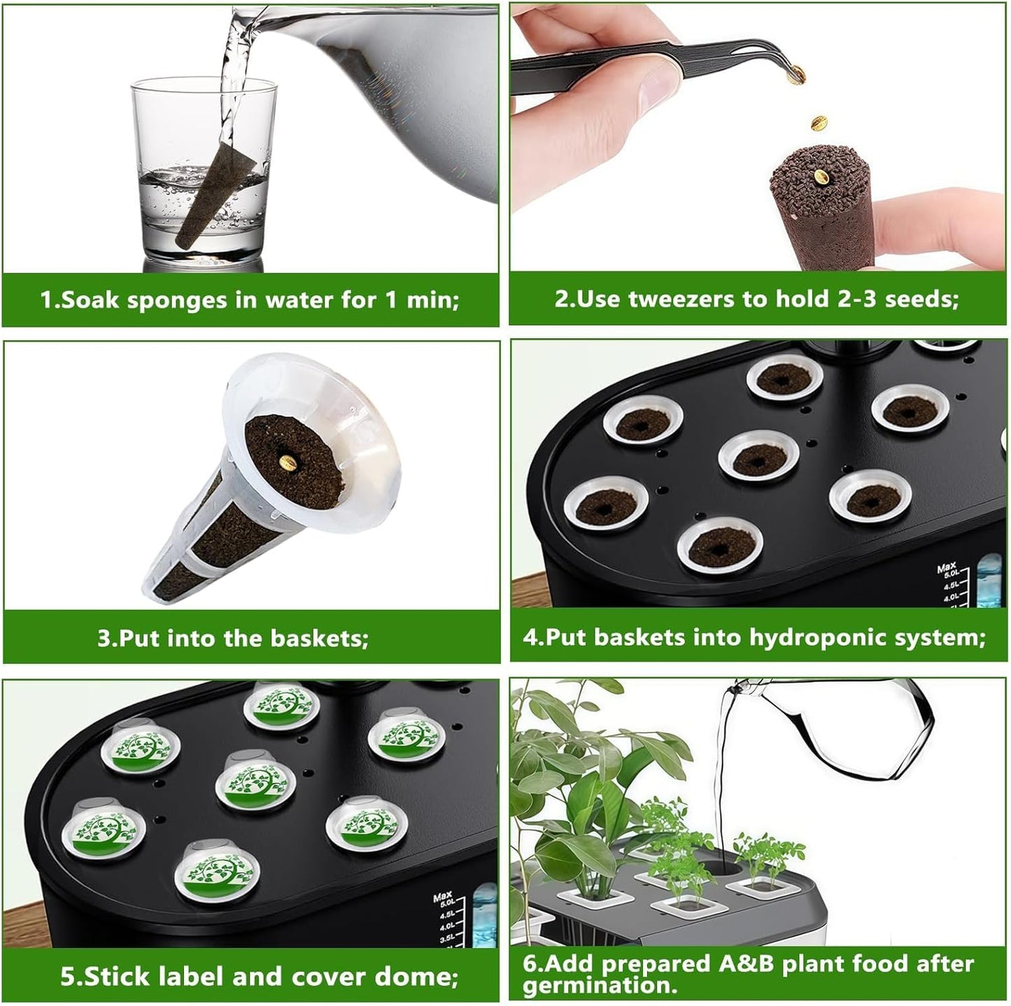 kathson 127PCS Hydroponic Pods Kit,Hydroponics Growing Sponges -Replacement Garden Seed Starter Pod,Grow Anything Kit with 50 Grow Sponges,50 Pod Labels,12 Baskets,12 Domes,2 A&B Plant Food,1 Tweezer