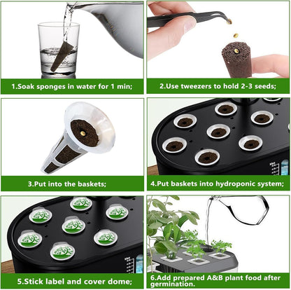 kathson 127PCS Hydroponic Pods Kit,Hydroponics Growing Sponges -Replacement Garden Seed Starter Pod,Grow Anything Kit with 50 Grow Sponges,50 Pod Labels,12 Baskets,12 Domes,2 A&B Plant Food,1 Tweezer