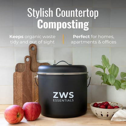 Black Stainless Steel Compost Bin | 6.5L Odor-Free Kitchen Countertop Food Scrap Pail with Charcoal Filter | Compact Zero Waste Solution for Home and Apartment Kitchens