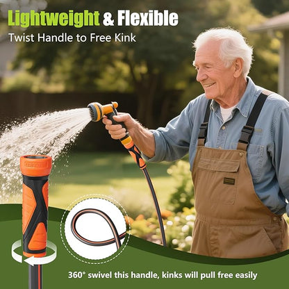 25FT Garden Hose Heavy Duty x 5/8", Lightweight Flexible Water Hose with Nickel-plated Fittings, Kink-Free, Leak-Proof, Easy Storage for Yard Lawn Care Male to Female