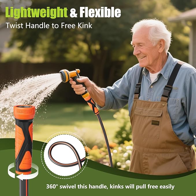 50FT Garden Hose Heavy Duty x 5/8", Lightweight Flexible Water Hose with Nickel-plated Fittings, Kink-Free, Leak-Proof, Easy Storage for Yard Lawn Care Male to Female