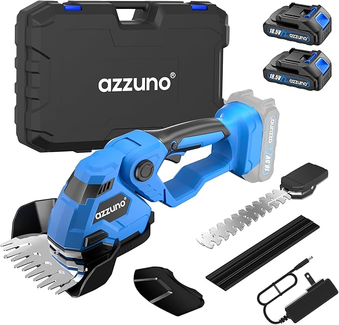 AZZUNO Cordless Hedge Trimmer, 2-in-1 Electric Grass Shears Shrubbery Trimmer with 2Ah Battery，Handheld Grass Cutter Shrub Trimmer for Gardens, Yards, Lawns, Including Charger(2 Batteries)
