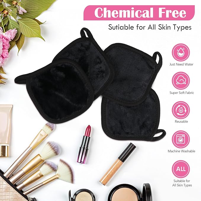 Orighty Makeup Remover Cloths 12 Pack, Makeup Removal Face Cleansing Cloth, Reusable Make-up Remover Pads Remove Instantly Dirt with Just Water, 5 x 5 in (Black)