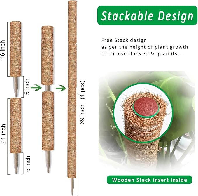 Moss Pole, 4Pack 21 Inch Plant Support Stakes for Indoor Plants, Monstera Plant Support Stakes, 69 Inch Tall Coir Plant Pole Sticks for Potted Plants, Pothos, Philodendron, Climbing Plants Accessories