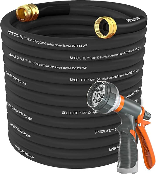 SPECILITE Garden Water Hose 150 ft x 5/8 in Heavy Duty, Flexible and Lightweight, Burst 600 psi, Kink-less Hybrid Rubber Pipe for Backyard, 3/4'' Brass Fittings, Black