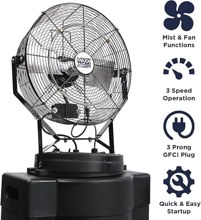 Maxx Air Heavy Duty Industrial 40 Gallon Portable Outdoor Misting Fan - Powerful Misting Outdoor Fan - 180 PSI Swamp Cooler for Cooling Large Areas