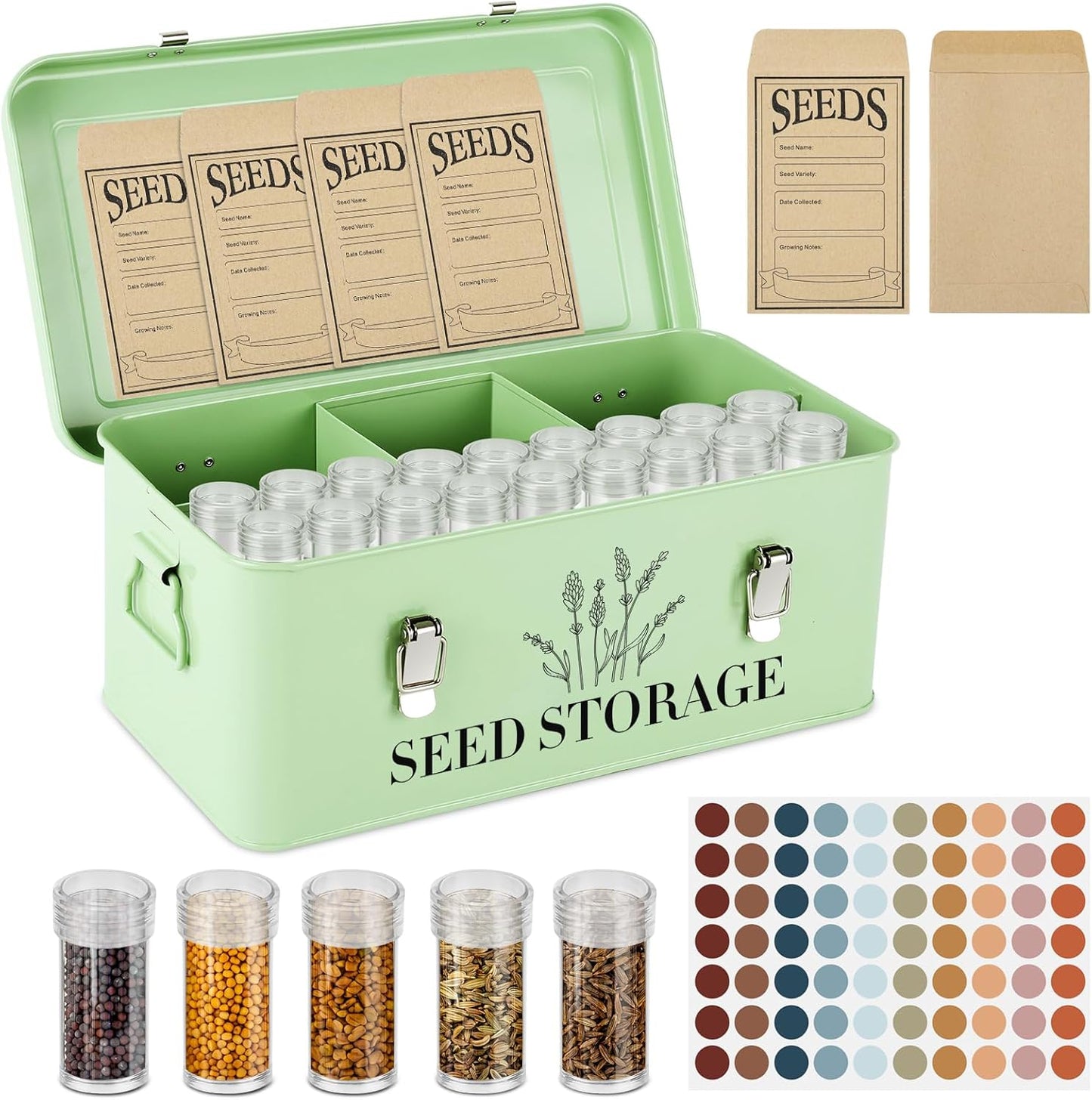 60 Slots Seed Storage Box with 4 Dividers, Metal Seed Storage Organizer, Seed Saving Box, Seed Packet Container, Professional All-in-one Kit with 60 Seed Envelopes and Label Stickers