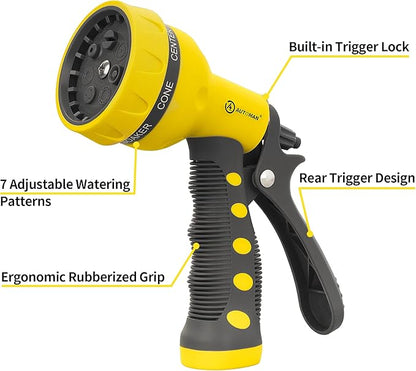 AUTOMAN-Garden-Hose-Nozzle,ABS Water Spray Nozzle with Heavy Duty 7 Adjustable Watering Patterns,Slip Resistant for Watering Plants,Lawn& Garden,Washing Cars,Cleaning,Showering Pets - Yellow