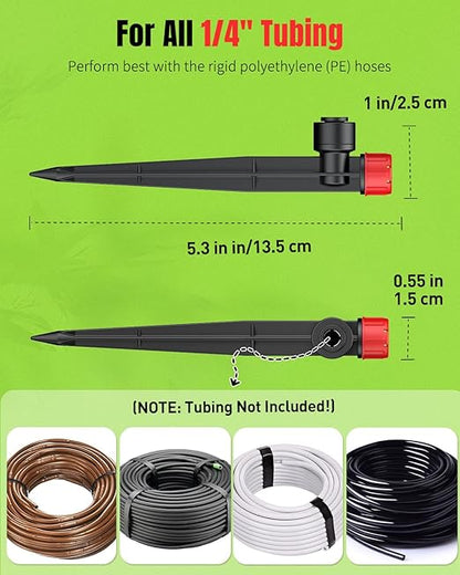 Pawfly 60 Pcs Push-to-Fit Drip Irrigation Emitters for 1/4 Inch Tubing, Drip Emitters Sprinklers with Stake & 8 Holes, Drip Irrigation System Parts with Adjustable Water Flow Irrigation Drippers, Red