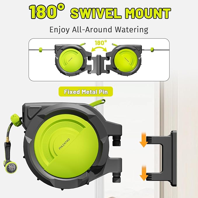 Retractable Garden Hose Reel,5/8 in x 110 ft Wall Mounted Garden Hose Reel,UV Resistant with 10 Pattern Nozzle,Any Length Lock, Slow Return System,180°Swivel Bracket(Green)