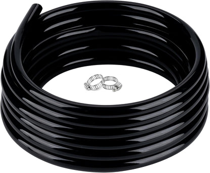 1/4" id - 50ft Black Vinyl Tubing Flexible PVC Tube Hybrid Hose Transfer Water Fuel Gas for Pond Fountain Garden Waterfall, Durable and Safe, with 2 Hose Clamps
