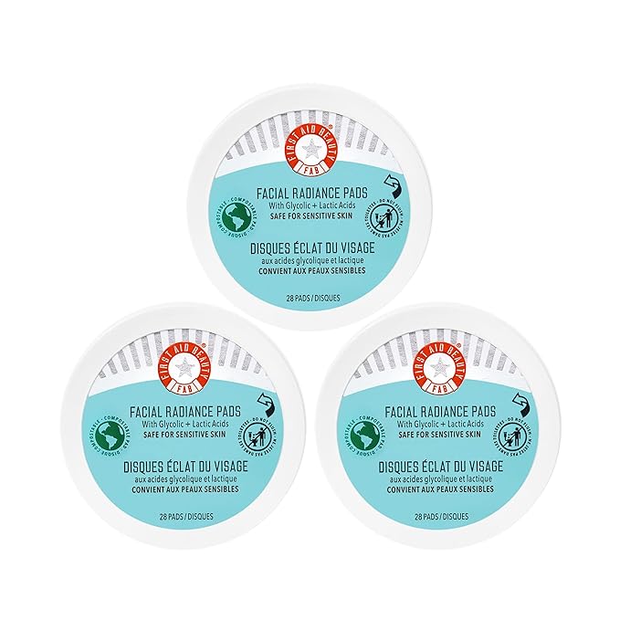 First Aid Beauty - Facial Radiance Pads with Glycolic & Lactic Acids, Daily Exfoliating Pads with AHA, Visibly Smaller Pores, Help Tone & Brighten Skin, One-Step Makeup Prep, Compostable, 28, 3ct