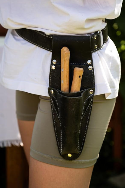 Hori Hori Leather Sheath Belt with Pruner and Scissor Pockets. Personalized Florist Tool Belt Leather, Gardening Belt with Pockets. (Black/Grey, One Size - Adjustable)