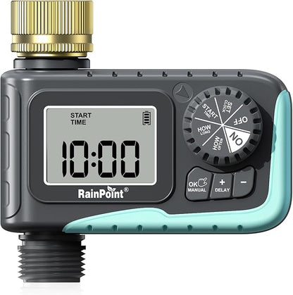 RAINPOINT Sprinkler Timer with Brass Swivel, Programmable Water Timer for Garden Hose with Rain Delay/Manual Watering, Digital Irrigation System Kit for Lawns, 1 Outlet