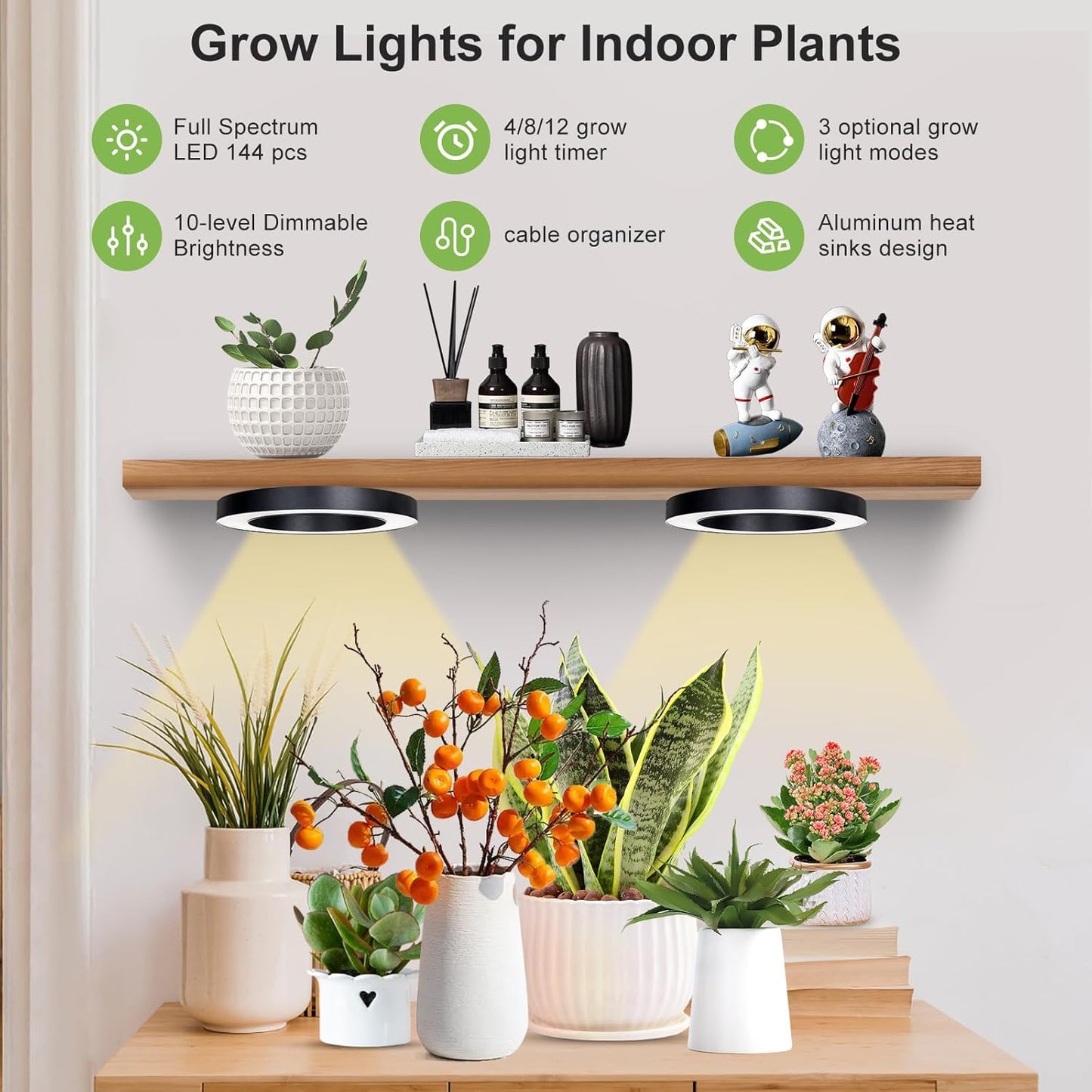 Full Spectrum Grow Light for Indoor Plants, 144 LEDs Halo Plant Light with Auto On/Off Timer (4/8/12H), 10-Level Brightness, 3 Lighting Modes, for Small Plants & Seedlings (Black, Dual Head)