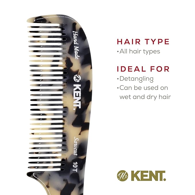 Kent 10T TW Large Detangler Comb, Handmade Wide Tooth Comb for Curly Thick Hair, Detangling Combs For Wet and Dry Hair, Saw-Cut and Hand Polished Made in England