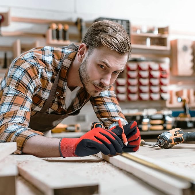 COOLJOB Gardening Gloves for Men, 2 Pairs Breathable Rubber Coated for Garden Weeding Landscaping, Outside Work for Lawn Yard, Men's Xlarge Size, Black & Red