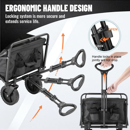 Collapsible Folding Wagon, Heavy Duty 220Lbs Capacity, Foldable Utility Cart for Outdoor Camping, Grocery, Sports, Beach - All Terrain