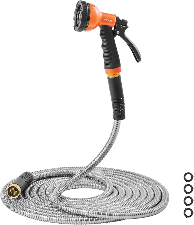 VEVOR Garden Hose Metal 150 ft, Rust Proof Stainless Steel Water Hose, Heavy Duty Backyard Hose with 10 Function Nozzle, No-Kink & Flexible Water Pipe, Lightweight Metal Hose for Yard, Outdoor