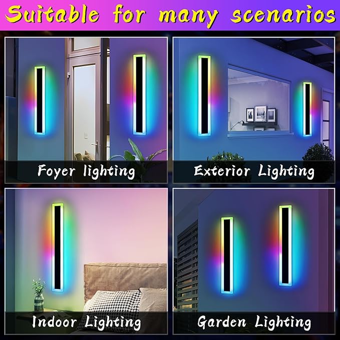 Widened 2 Pack RGB Outdoor Wall Lights, 23.6inch Long Dimmable Modern LED Wall Sconces, 10 Colors, 5 Modes, IP65 Waterproof Black Minimalist Lighting for Porch, Garage, Patio, Exterior House