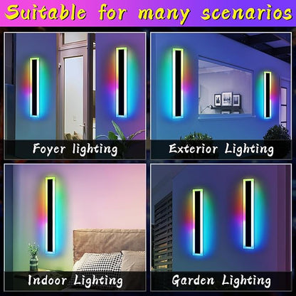 Widened 2 Pack RGB Outdoor Wall Lights, 23.6inch Long Dimmable Modern LED Wall Sconces, 10 Colors, 5 Modes, IP65 Waterproof Black Minimalist Lighting for Porch, Garage, Patio, Exterior House
