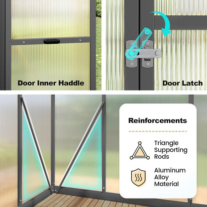 KING BIRD Greenhouse for Outdoors, 7.4x6 FT Polycarbonate Walk-in Green House, Quick-Setup Aluminum Frame UV Resistant Panel for Outside Garden Backyard W/ Lockable Screen Door, Vent, 2 Shelves, Black