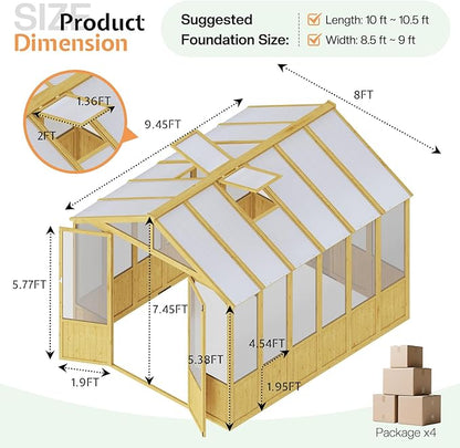 Jocisland 8x9.5x7.5 Ft Wooden Greenhouse, Pre-Assembled Solid Cedar Frame, Walk-in Design, Lockable Door, Adjustable Roof Vents, Polycarbonate Panels for Outdoor, Garden, Backyard