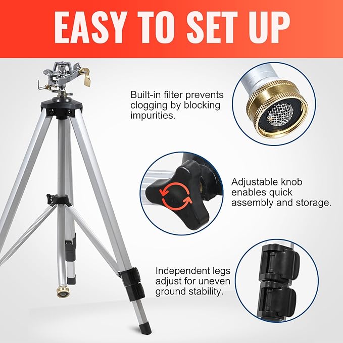 YAMATIC Impact Sprinkler on Adjustable Tripod Base, 360 Degree Large Area, Heavy Duty Adjustable Pulsator Sprinkler for Lawn, Yard and Grass Irrigation, Spray up to 20-90ft(Zinc Head)