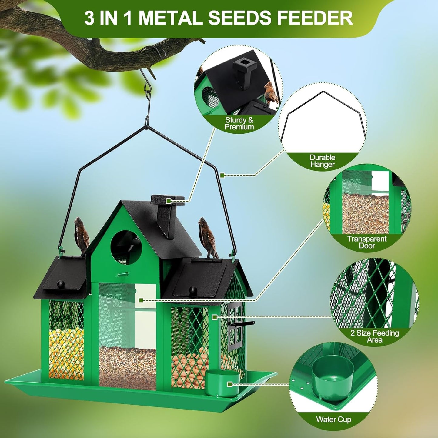 Solar Bird Feeders House for Outdoors Hanging, 7LBS Large Capacity Metal Wild Bird Feeder Squirrel Proof for Outside with Water Cup, Cardinal Birdfeeder Birdhouses Gift for Bird Lovers (Green)