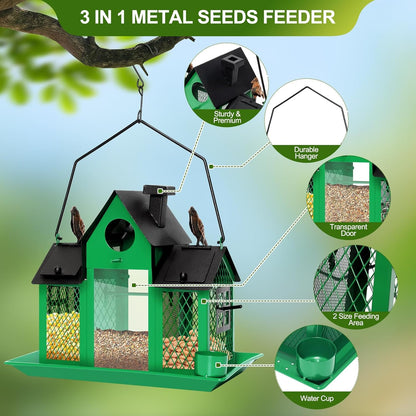 Solar Bird Feeders House for Outdoors Hanging, 7LBS Large Capacity Metal Wild Bird Feeder Squirrel Proof for Outside with Water Cup, Cardinal Birdfeeder Birdhouses Gift for Bird Lovers (Green)