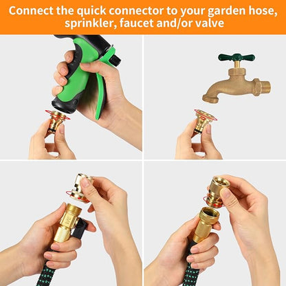 Garden Hose Quick Connect Solid Brass Garden Hose Connector Water Hose Connectors Easy Connect Fittings Standard 3/4 inch GHT, 4 Complete Sets female & Male, Free Washers & Gaskets