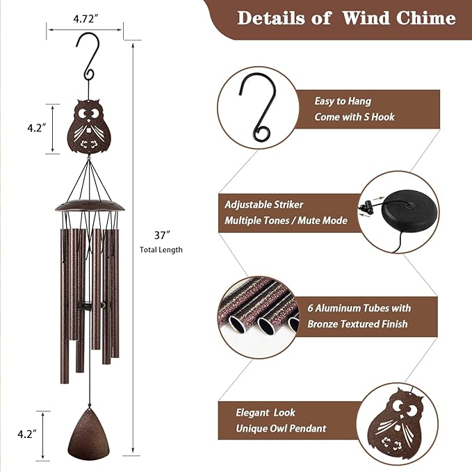 Wind Chimes, 37" Owl Wind Chimes for Outside Garden Patio Yard Decor, Deep Tone Windchimes for Mom Women Grandma Wife, Gifts for Christmas, Mother's Day, Housewarming, Retirement