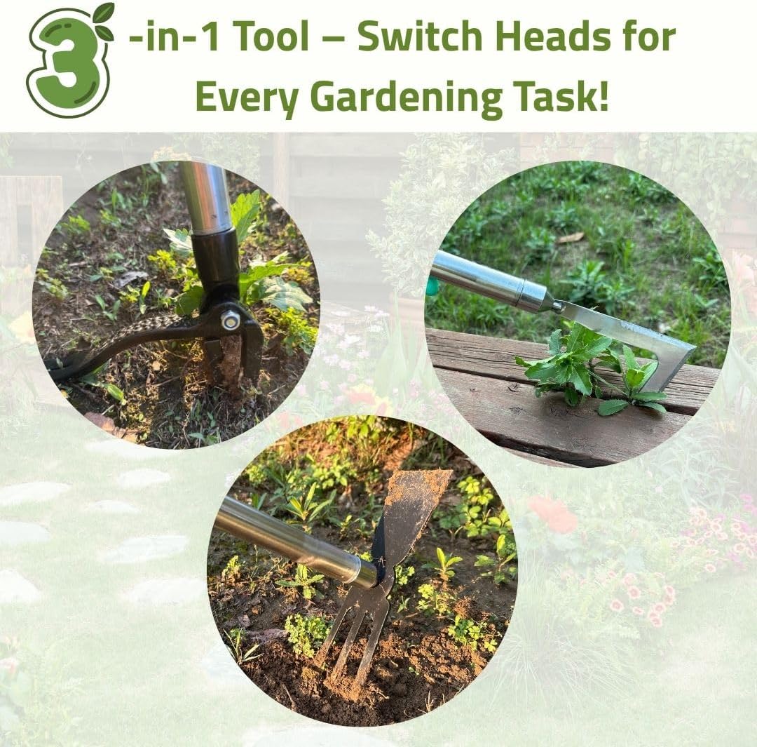 3-in-1 Stand Up Weeder Tool with Long Handle – Includes Edger Blade, Weeding Hoe & Root Remover – Manual Weed Puller for Lawn, Garden, Driveway & Sidewalk – Ergonomic & Detachable