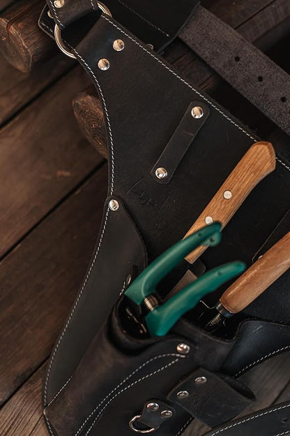 Garden Florist Tool Belt for Men | Leather Tool Belt for Women | Handmade Belt for Gardener, Electrician, and Carpenter | Leather Florist Belt (Brown CrazyHorse) (Black crazy-horse, one size)