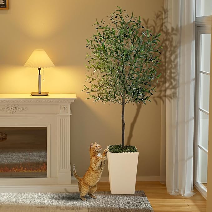 Olive Trees Artificial Indoor 6ft, 2 PCS Tall Faux Silk Plant with Pot, Realistic Leaves and Natural Wood Trunk Fake Trees with Lifelike Fruits for Home Office Decor Bedroom Livingroom Entryway