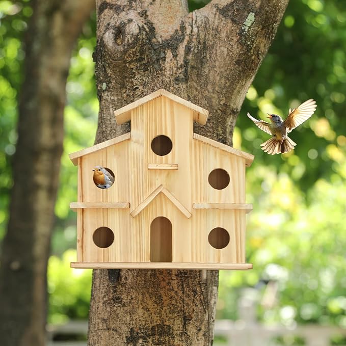 Bird Houses for Outside,Outdoor 6 Hole Bird House -Hummingbird House-Large Bird House for Outside-Birdhouse kit (Wood, Set-1)