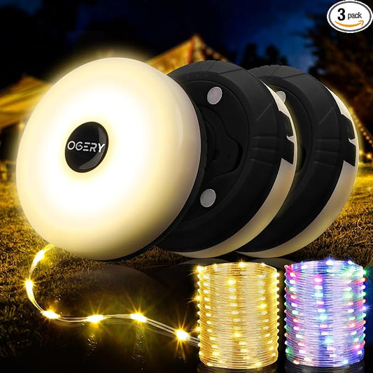 OGERY 3-Pack Camping String Lights, 4 in 1 Quick Storage 32.8FT Rechargeable Indoor Outdoor Fairy Lights String with 8 Lighting Modes, Hanging Portable LED for Christmas Decor Patio Party Essentials