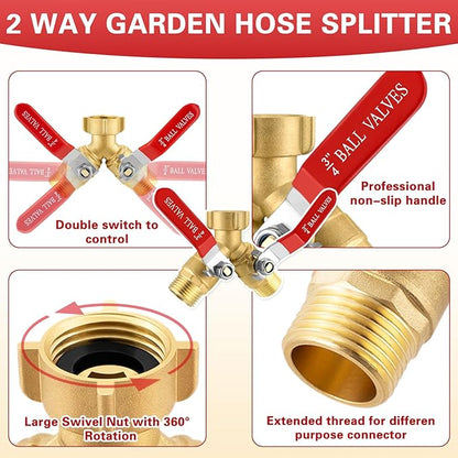 Garden Hose Splitter 2 Way, Brass Water Hose Splitter with Stainless Steel Long Handle, 3/4" GHT Thread Garden Hose Y Splitter, Full Flow Hose Splitter 2 Way Heavy Duty