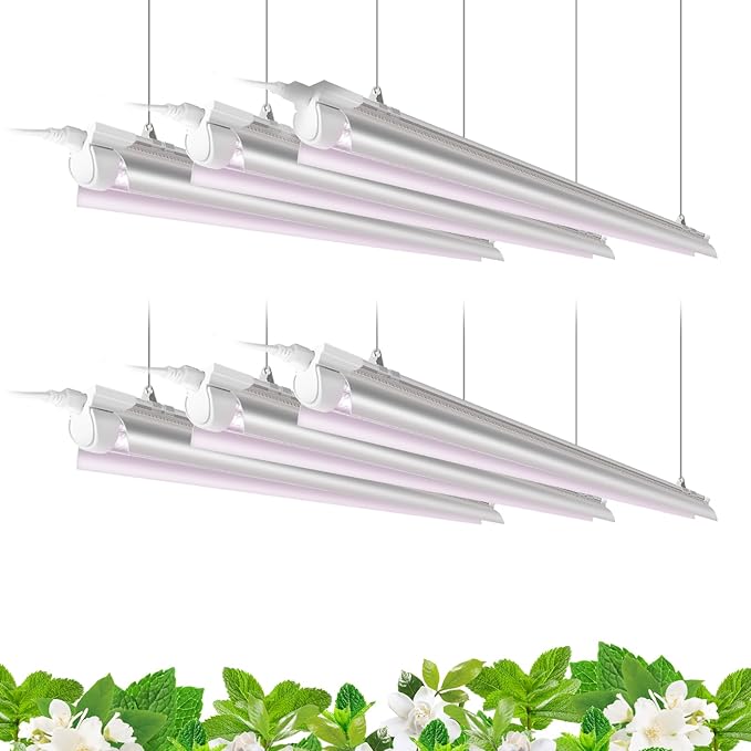 Barrina 4FT T8 Plant Grow Light, 252W(6 x 42W, 1400W Equivalent), Full Spectrum, LED Growing Lamp Fixture for Indoor Plant Growing, with ON/Off Switch & V-Shaped Reflector, Pinkish White, 6-Pack