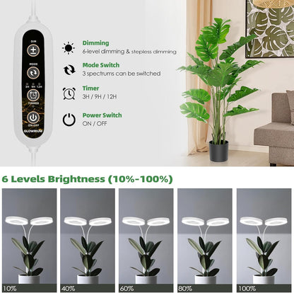 PRONORO Grow Light for Indoor Plants,Full Spectrum 2-Head LED Grow Light,Standing Grow Light for Large Plants,Auto ON/Off Timer,6 Dimmable Levels,3 Spectrum Light Modes,Height Adjustable,36W