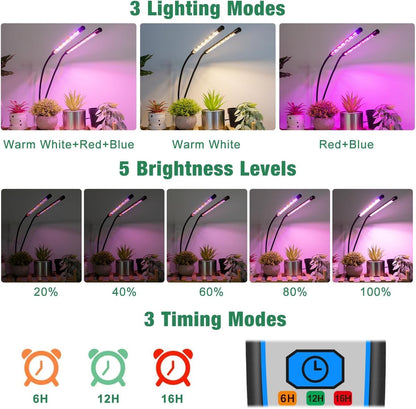 Garpsen Grow Lights for Indoor Plants, 2PCS 2 Heads Full Spectrum Led Grow Lights for Seed Starting, 80 LEDs Plant Grow Light, with Auto ON/Off 6/12/16H Timer, 5 Dimmable Levels (460nm/660nm/3000K)
