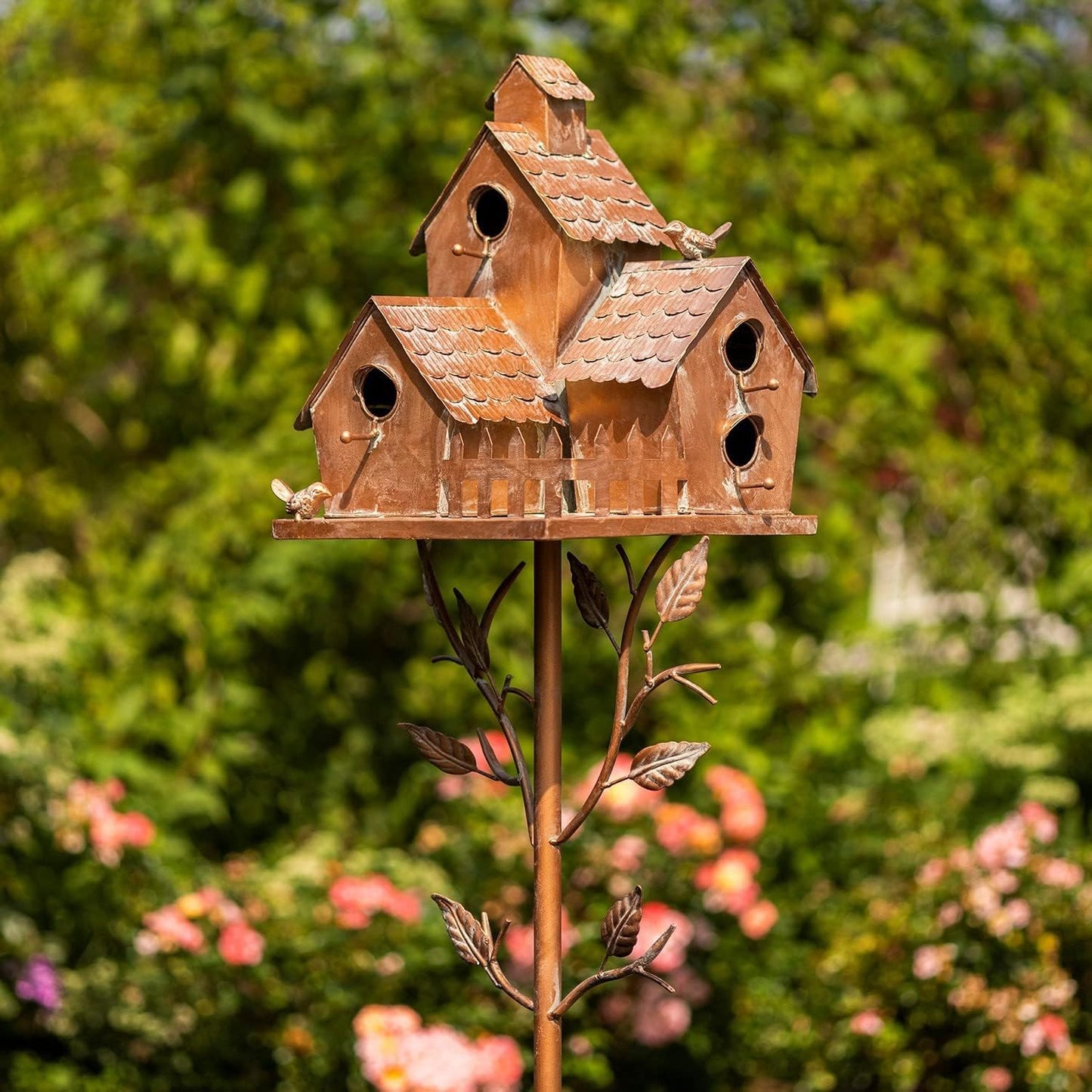 Large Copper Colored Multi-Birdhouse Stakes, Room for 4 Bird Families in Each (Houses Facing Multiple Directions)