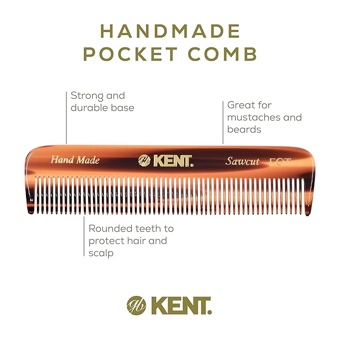Kent FOT Tortoise Fine Tooth Handmade Pocket Comb for Men, Women and Kids, Hair Comb Straightener for Everyday Grooming and Styling, Beard and Mustache, Saw Cut and Hand Polished, Made in England