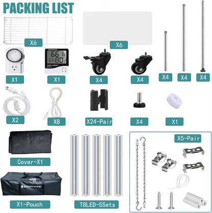 Plant Shelf Greenhouse with Grow Light, 6-Tiered Plant Stand with 5 Sets T8 Grow Lights and Cover, Thermometer, Timer, for Seedling Cultivation Reproduction Flowering, 30" L x 14" W x 72" H