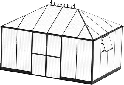 Jocisland 14x9.5x9 FT Polycarbonate Greenhouse- 6 FT Wall Height Outdoor Aluminum Greenhouses with 2 Ventilation and Rain Gutter, Double Doors with Hook, Walk-in Greenhouse for Backyard Garden