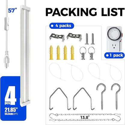 Barrina TX36 2FT Grow Light for Indoor Plants, 144W(4 x 36W, 800W Equivalent), High PPFD, 5000K Full Spectrum, Mechanical Timer, Hanging Grow Lights for Seedings, with On/Off Switch, Linkable, 4 Packs