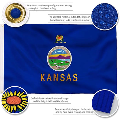 XIFAN Premium Kansas State Flag 3x5 ft Outdoor, Double Sided Embroidered Pattern, Heavy Duty 210D Nylon KS Flags, the Strongest Longest Lasting for Outside with Sewn Stripes/Brass Grommets