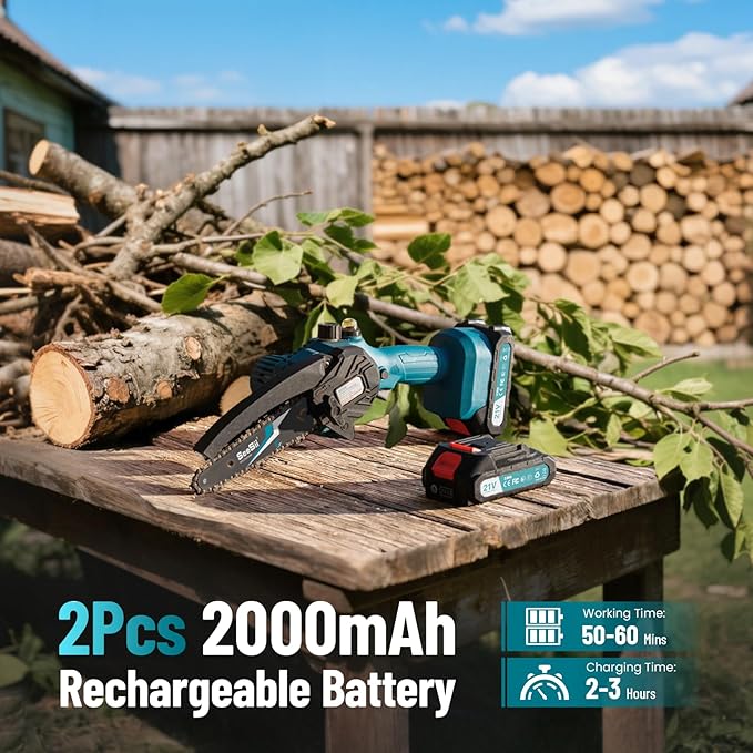 SEESII Mini Chainsaw 6 inch,Cordless Chainsaw w/ 2x2000mAh Batteries,Oiler System & Replacement Chain,Handheld Electric Chain Saw w/Safety Lock,Battery Powered Chainsaw for Wood Tree Cutting, CH600+